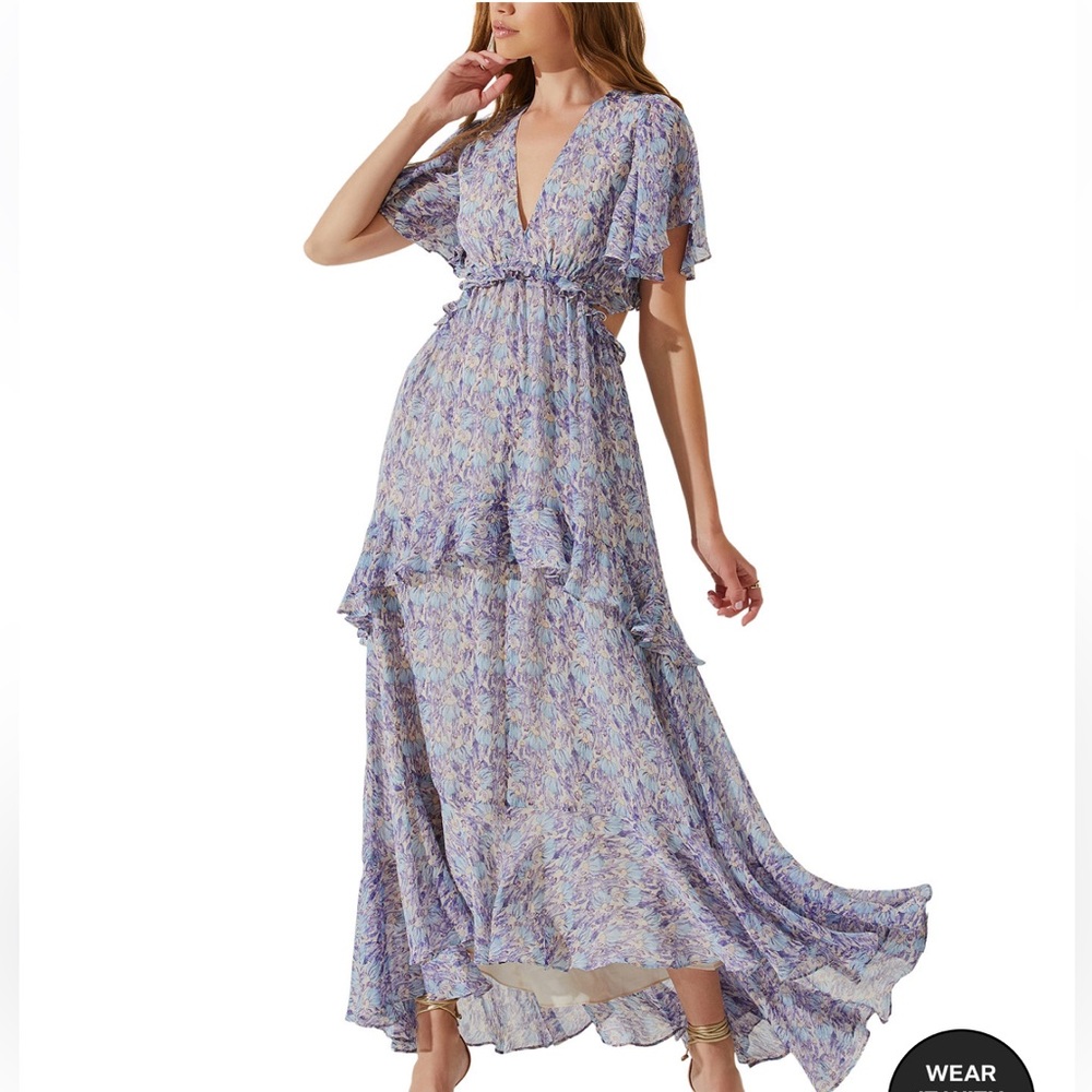 Astr Purple Blue Floral -  Cherli Ruffled Lace-Up Cutout-Back Maxi Dress